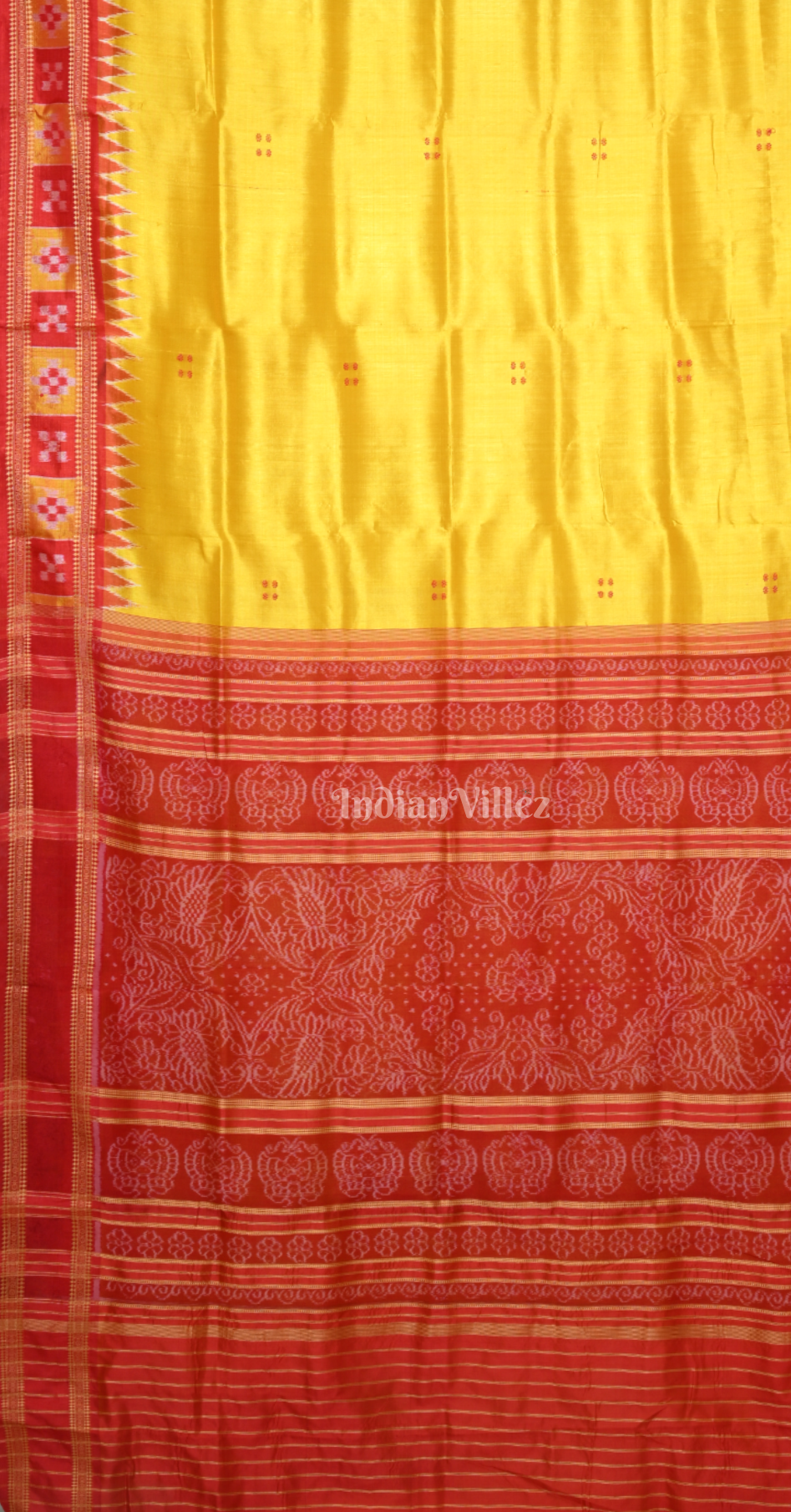 Yellow Red Buti Design Pasapali Border Odisha Ikat Khandua Silk Saree 