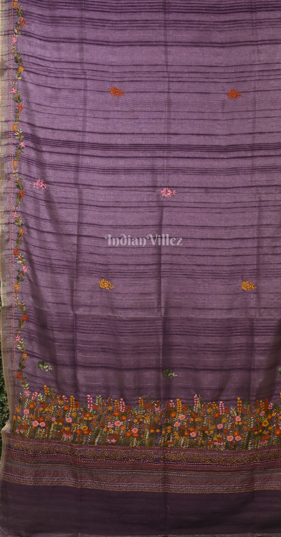 Purple Tusasr Silk Saree with Floral Embroidery Work 