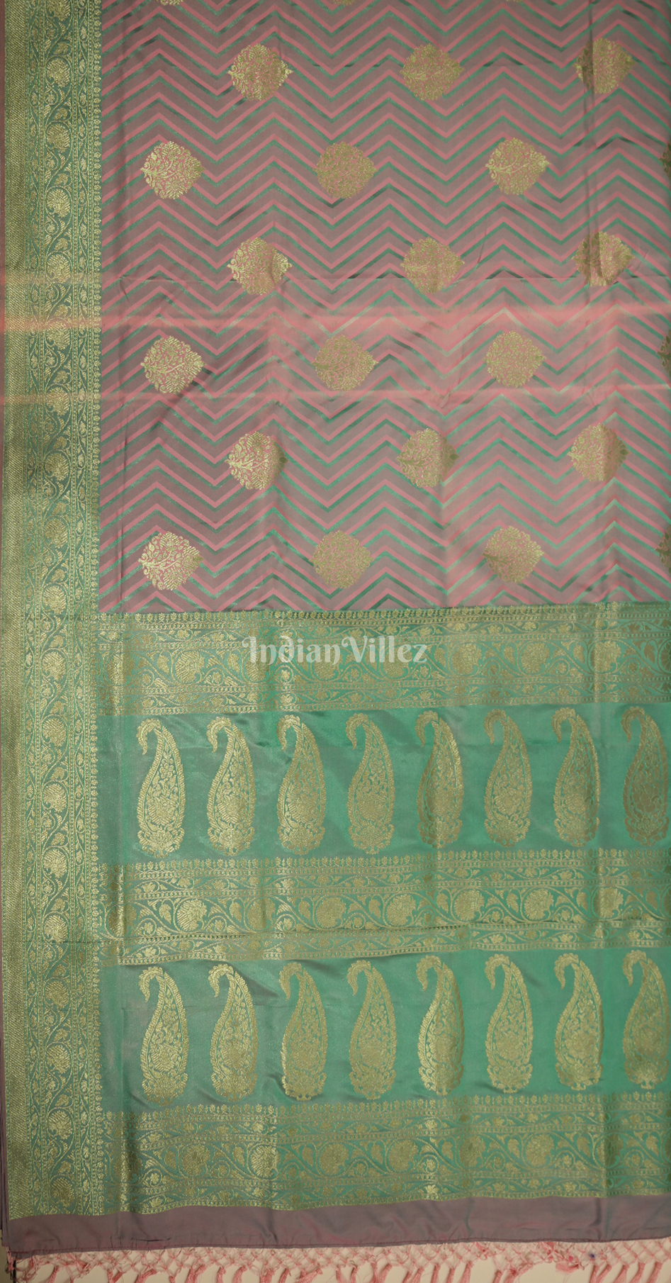 Pink Turquoise Two Tone Leheriya Banarasi Satin Silk Saree