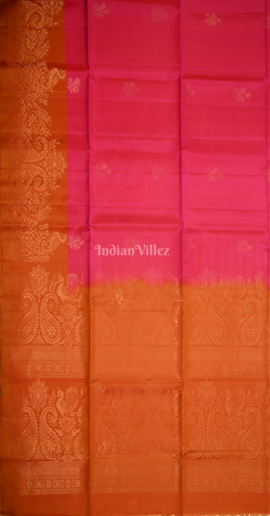 Rani Pink Rust Orange Zari Pure Kanjivaram Soft Silk Saree