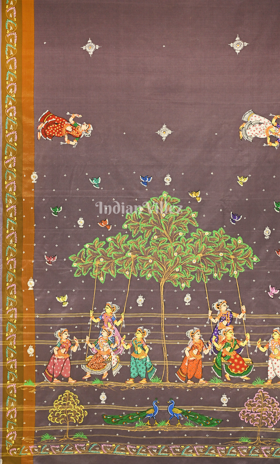 Grey Raja Doli Theme Hand-Painted Pattachitra Saree 