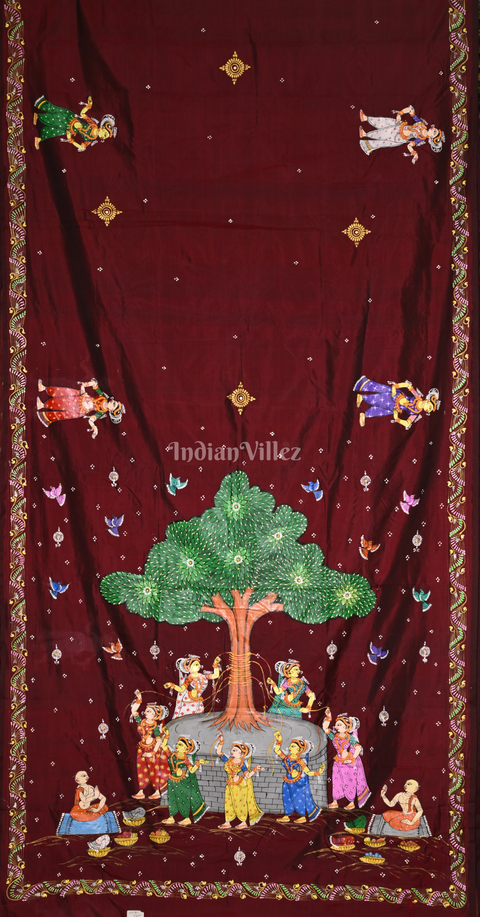 Maroon Vat Sabitri Theme Hand-Painted Pattachitra Saree