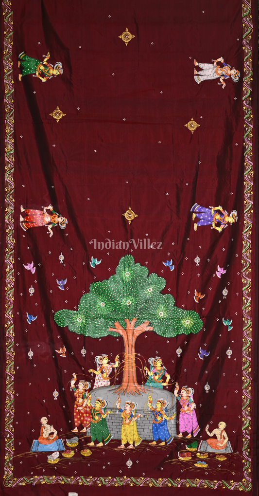 Maroon Vat Sabitri Theme Hand-Painted Pattachitra Saree