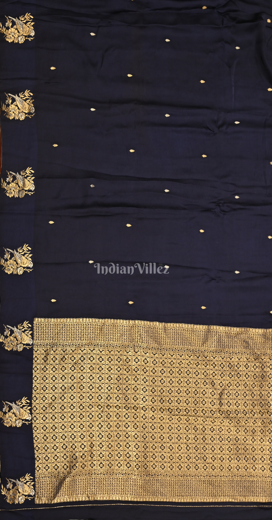 Navy Blue Pure Satin Crepe Silk Banarasi Saree 