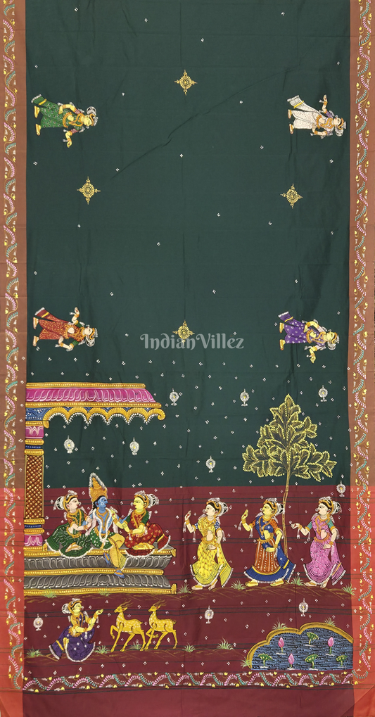 Green Maroon Krishna Raas Leela Hand-Painted Pattachitra Saree