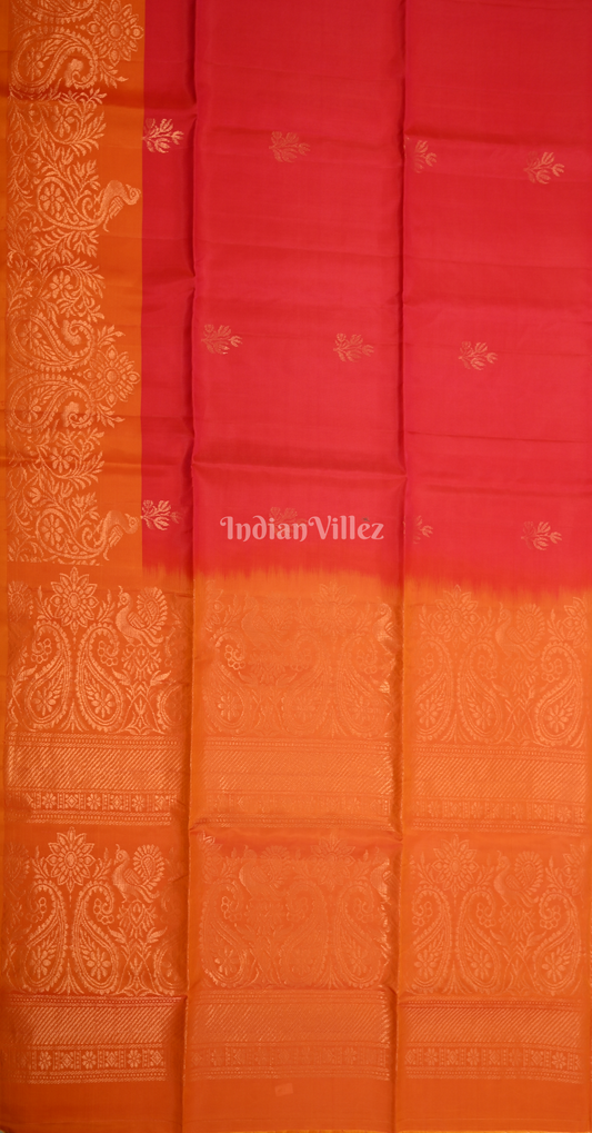 Red Orange Golden Zari Pure Kanjivaram Soft Silk Saree