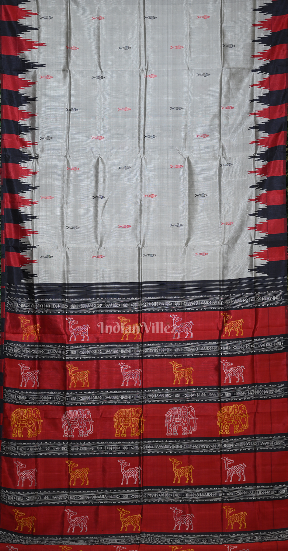 Cement Grey Red Fish Motif Double Pallu Berhampuri Silk Saree