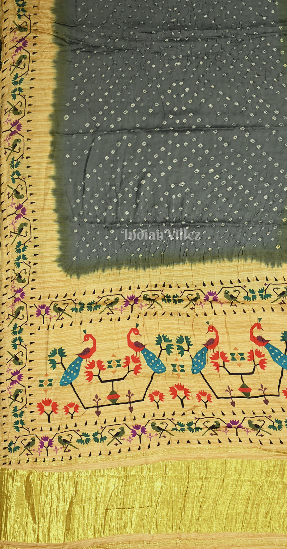 Grey Yellow Bandhej Gharchola Gaji Silk Saree with Zari Work 