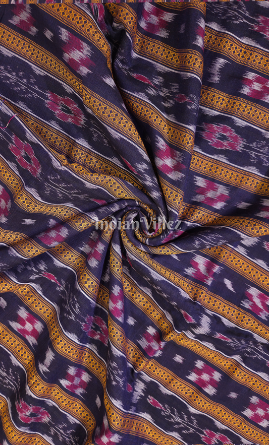 Navy Blue Yellow Odisha Ikat Sambalpuri Cotton Fabric