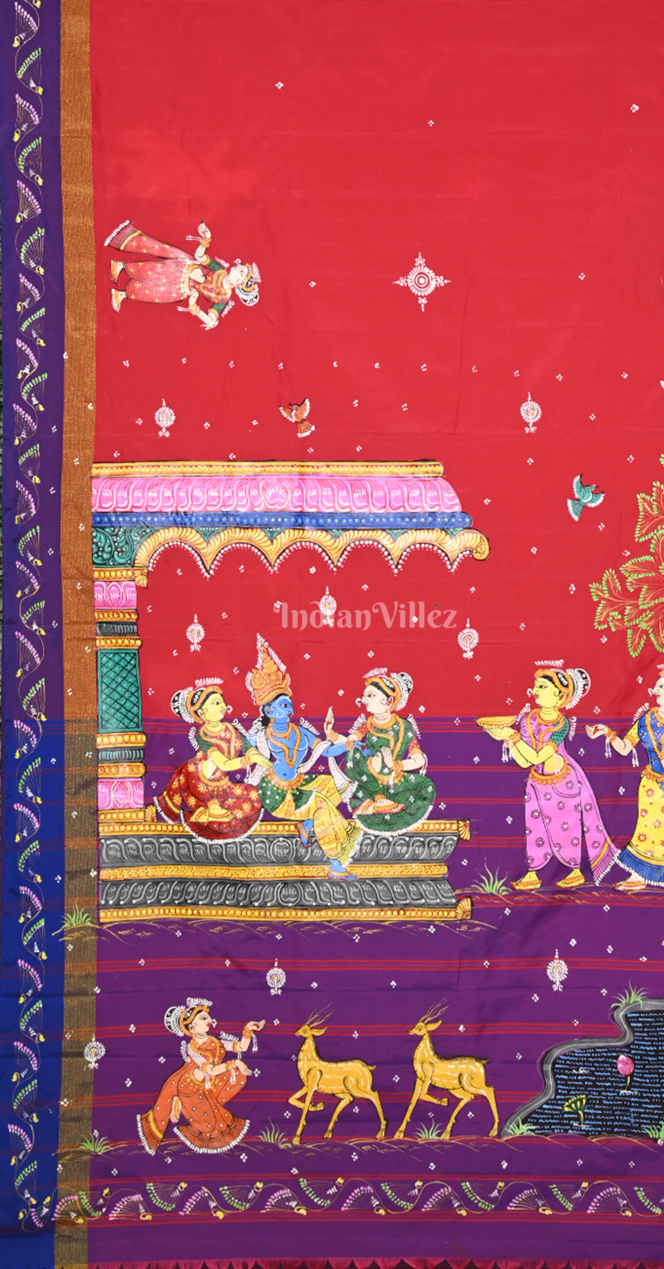 Red Purple Krishna Raas Leela Hand-Painted Pattachitra Saree 