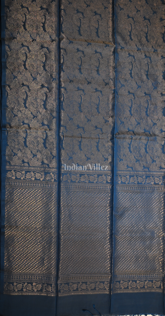 Navy Blue Floral Zari Pure Kanjivaram Soft Silk Saree
