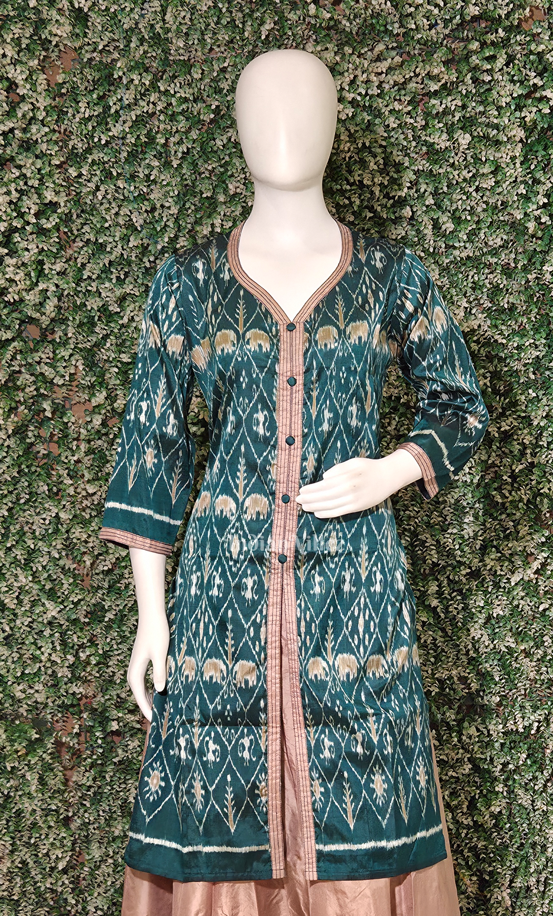 Teal Blue Golden Tribal Motif Odsiha Ikat Silk Kurti Set with Skirt 