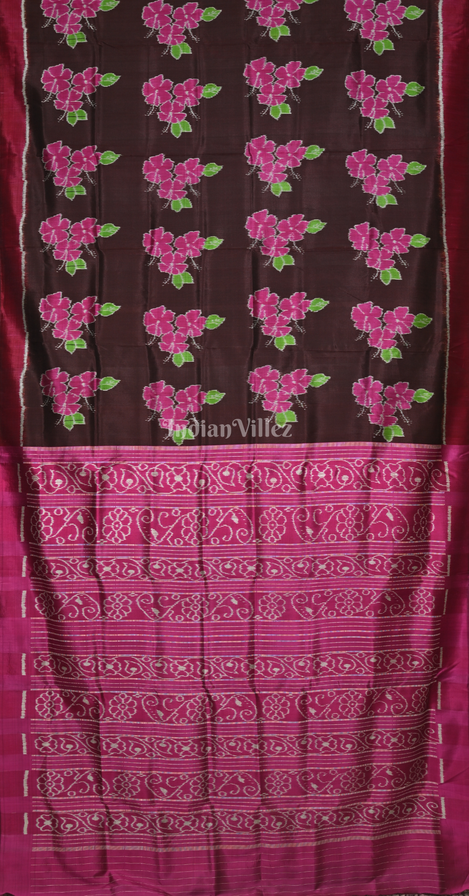  Coffee Magenta Pink Mandar Flower Motif Contemporary Designer Silk Saree