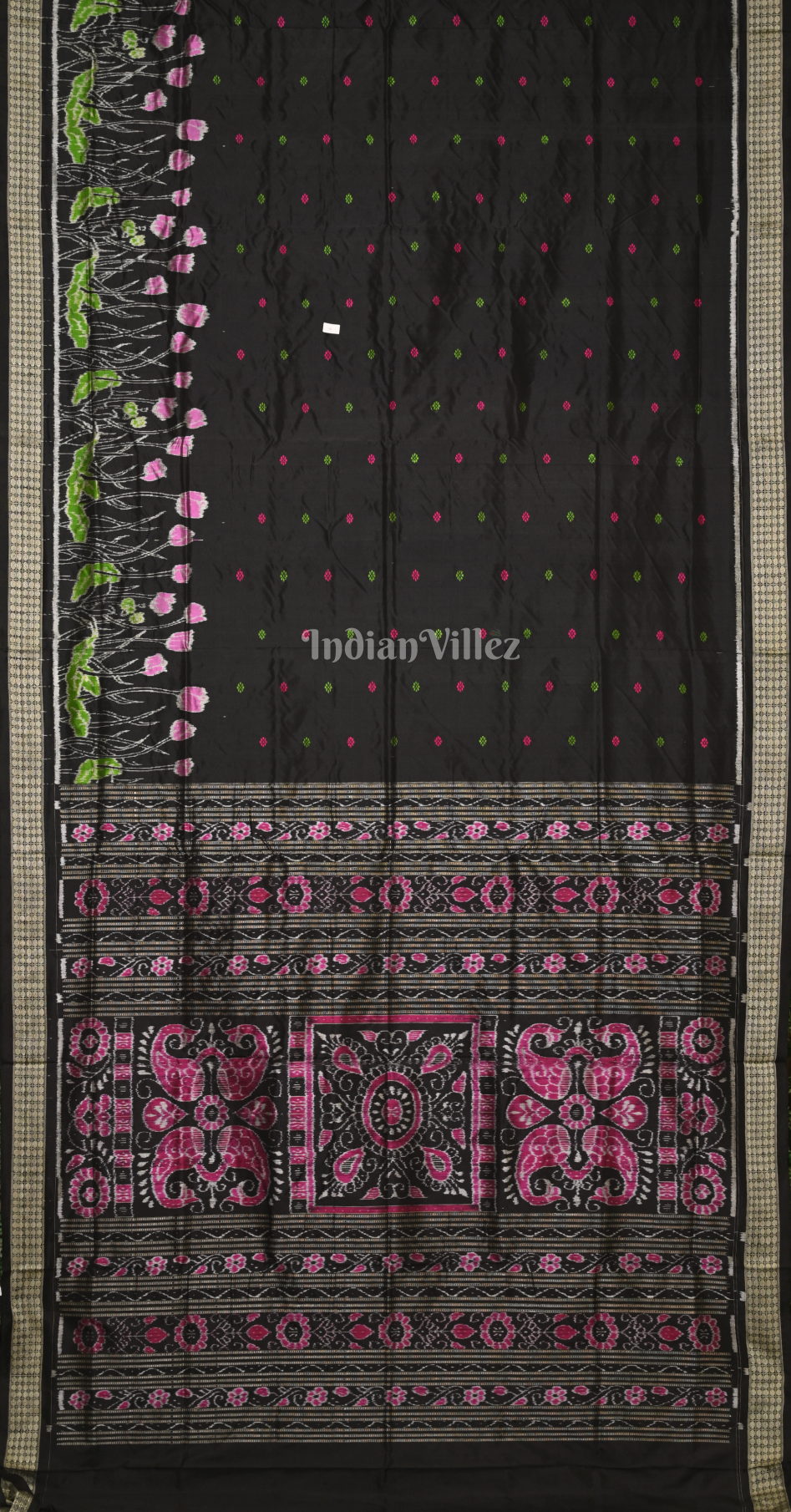Black Buti Design Lotus Pond Theme Odisha Ikat Sambalpuri Silk Saree