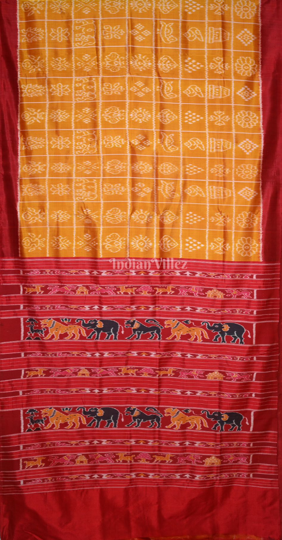  Mustard Yellow Red Nabakothi Odisha Ikat Contemporary Designer Silk Saree