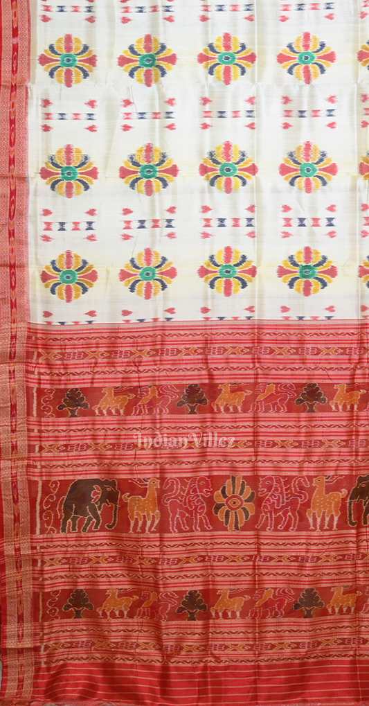  Off White Red Baghambari Odisha Ikat Khandua Silk Saree 