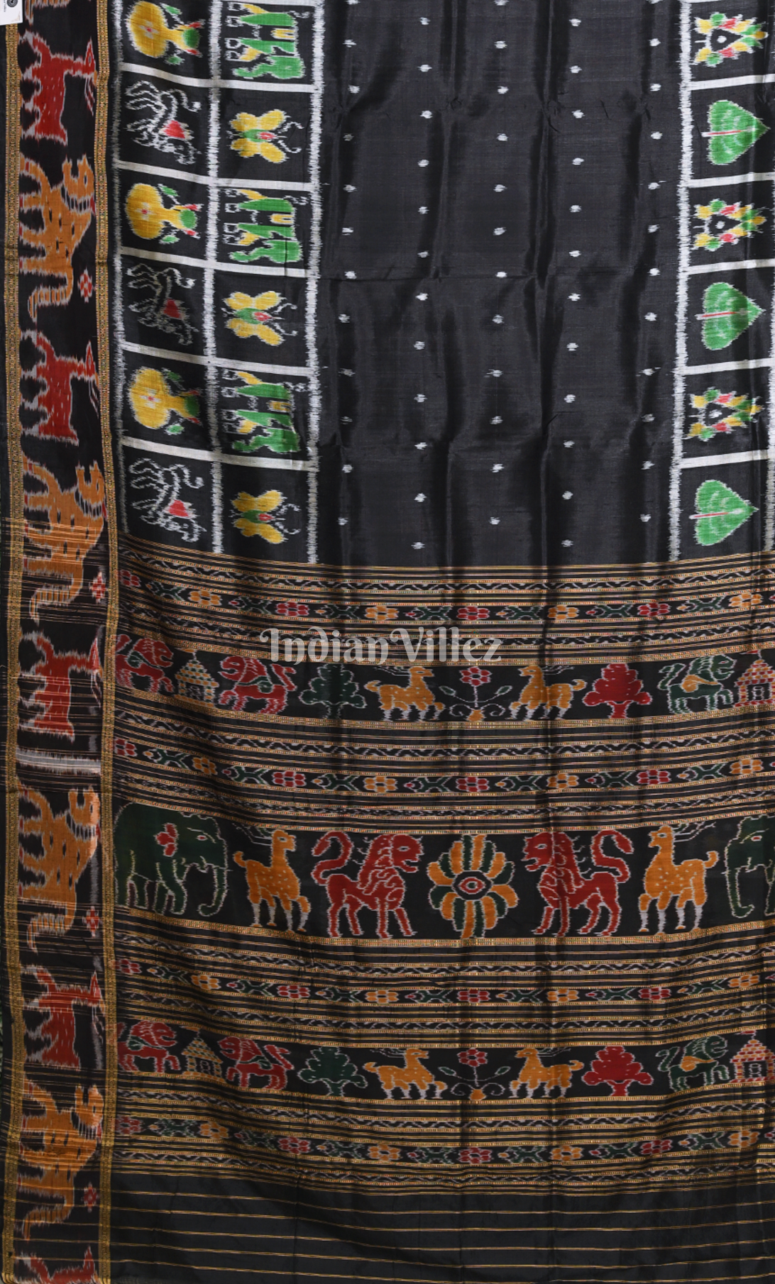 Black Dot Half Nabakothi Border Odisha Ikat Khandua Silk Saree with Jungle Anchal