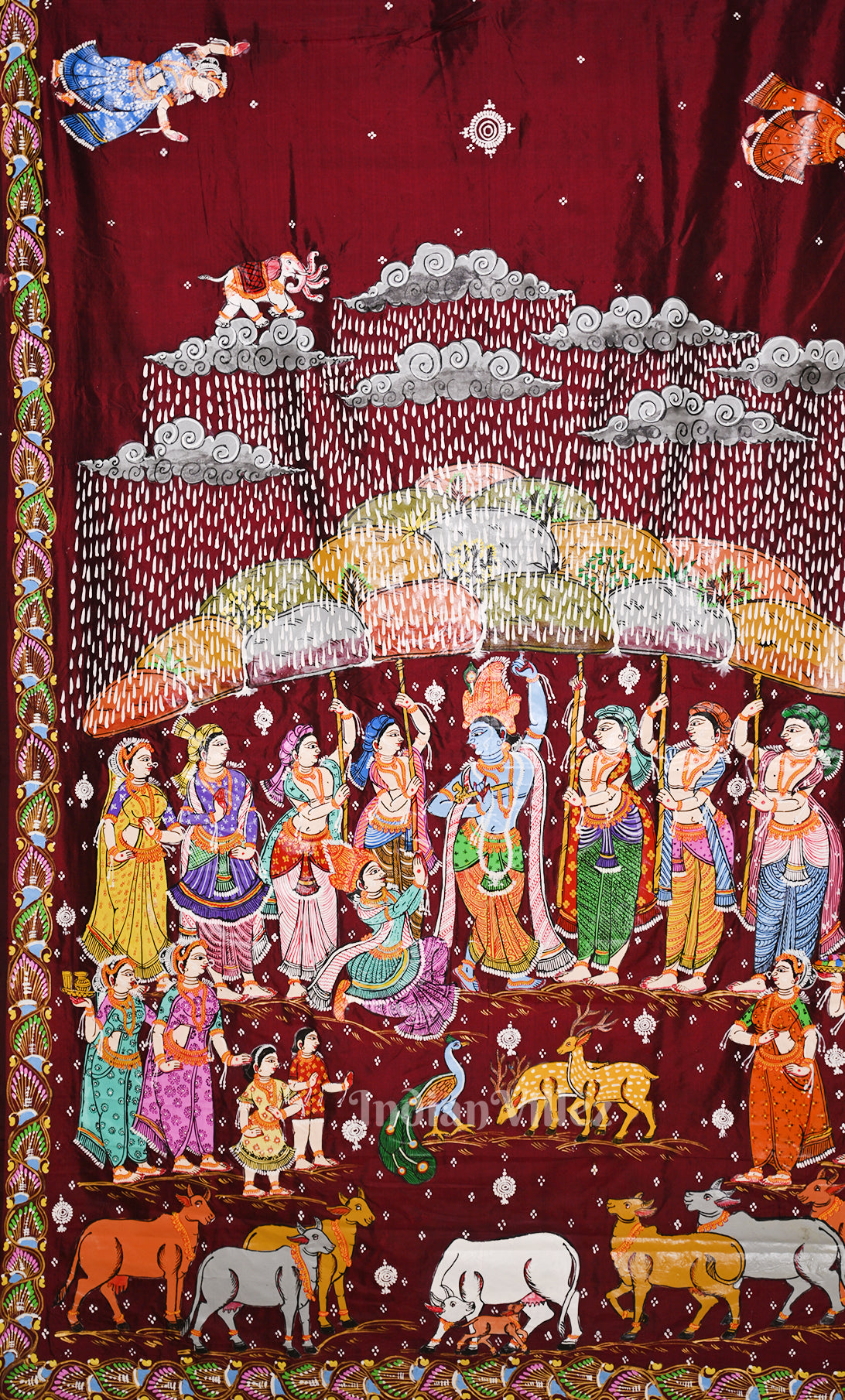 Maroon Giri Govardhan Hand-Painted Pattachitra Saree
