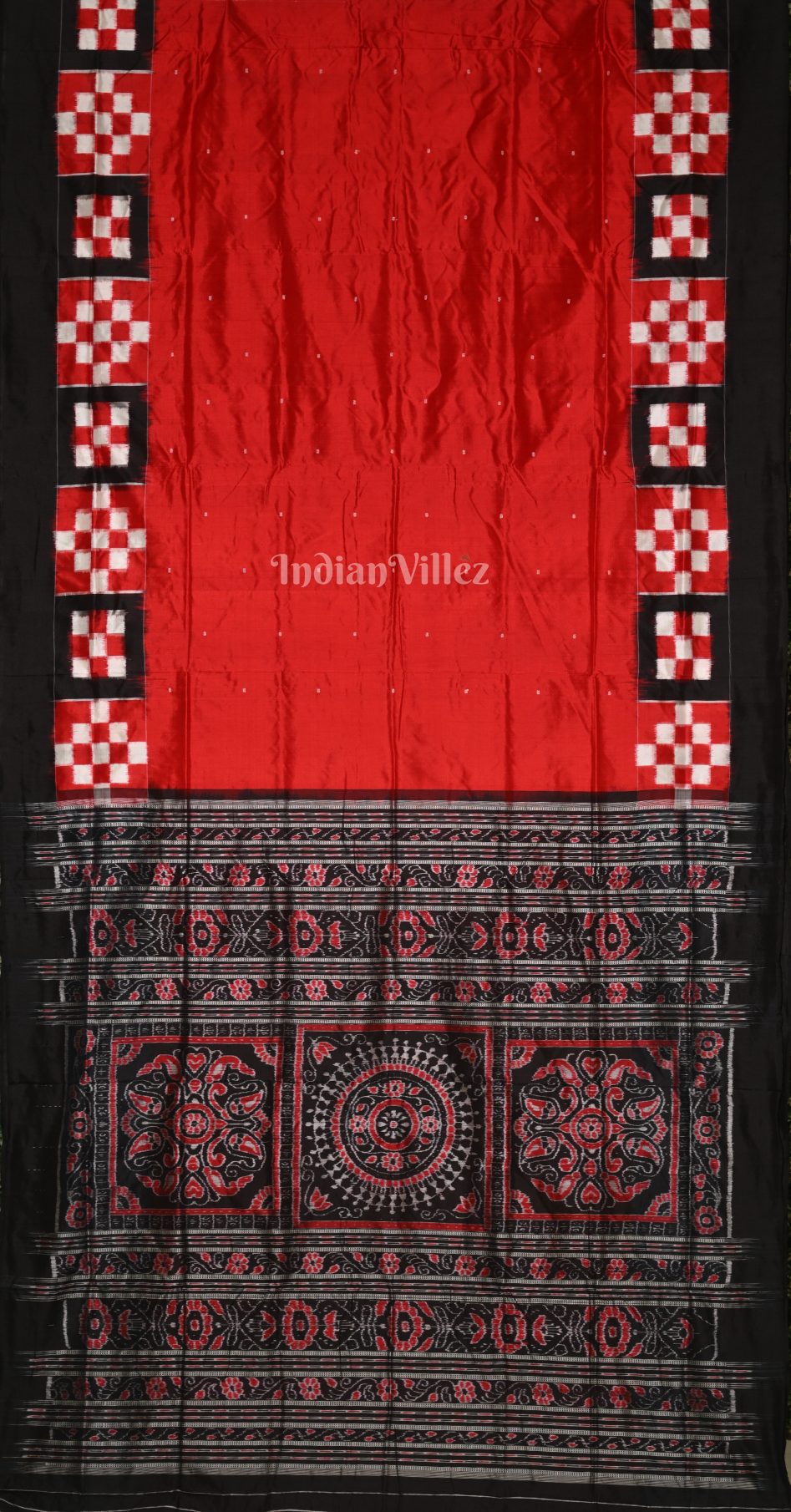 Red Black Double Pasapali Border Odisha Ikat Sambalpuri Silk Saree