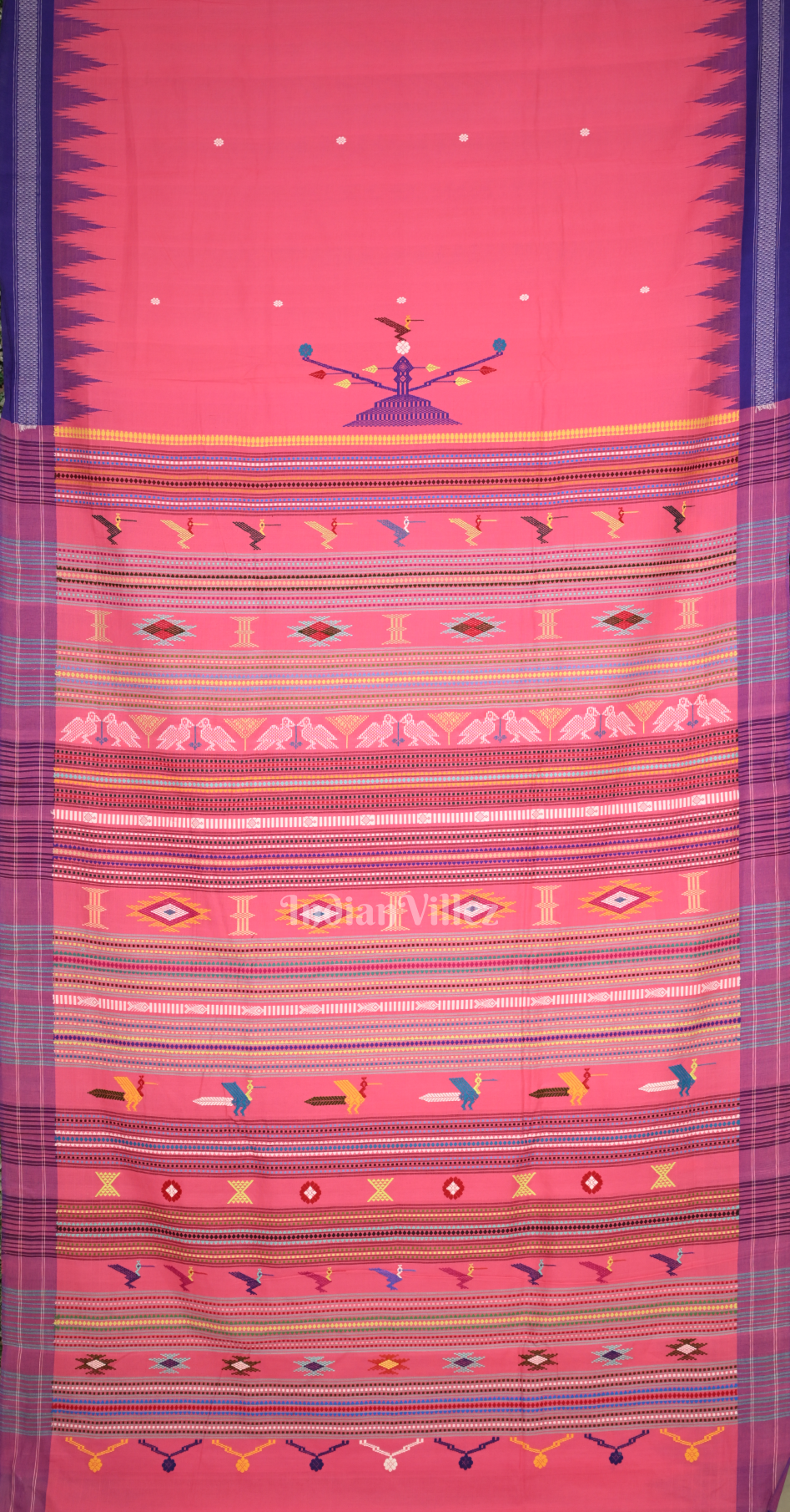 Pink Blue Border Ganjam Bomkai Cotton Saree 