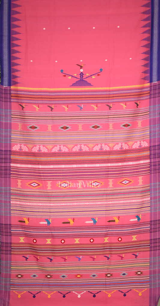 Pink Blue Border Ganjam Bomkai Cotton Saree 