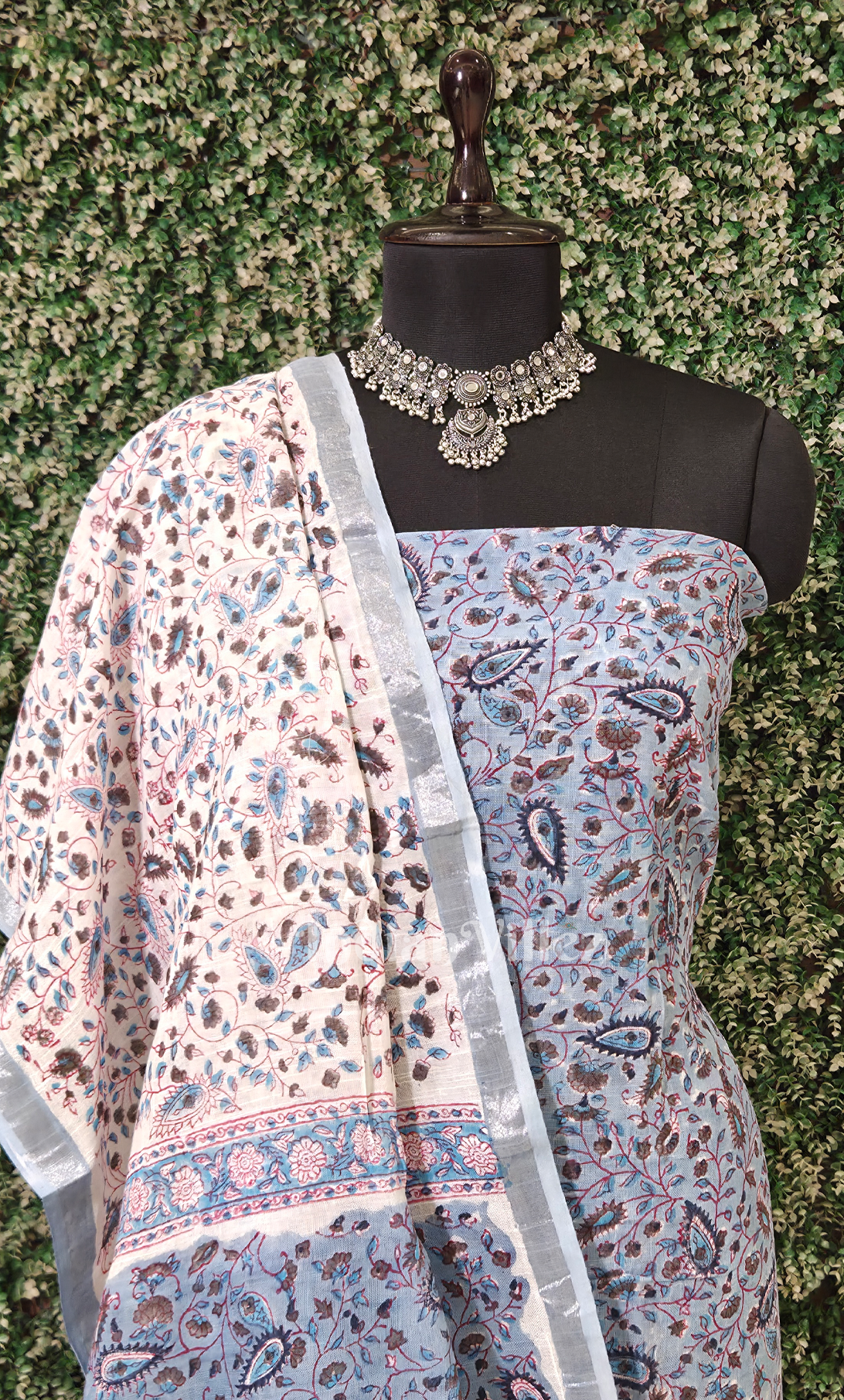 Light Blue White Sanganeri Block Printed Cotton Suit Sets