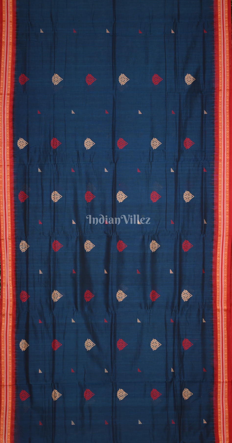 Blue Red Shree Mandir Theme Odisha Ikat Bomkai Cotton Saree 