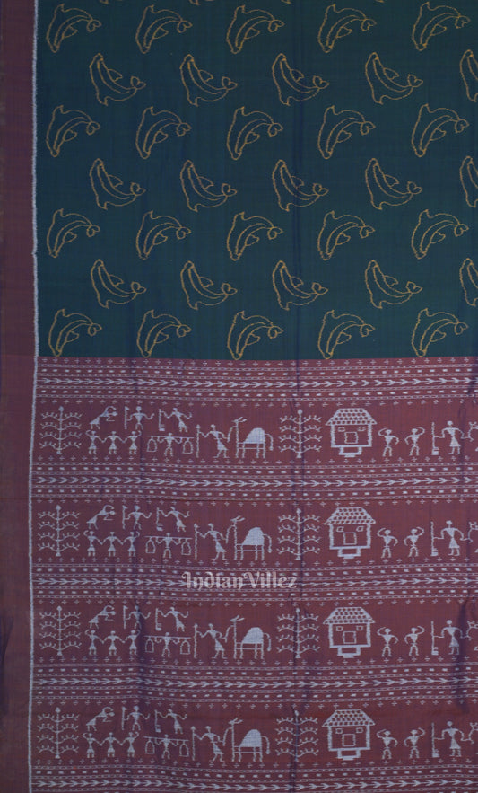Blue Maroon Dolphin Theme Odisha Ikat Sambalpuri Cotton Saree