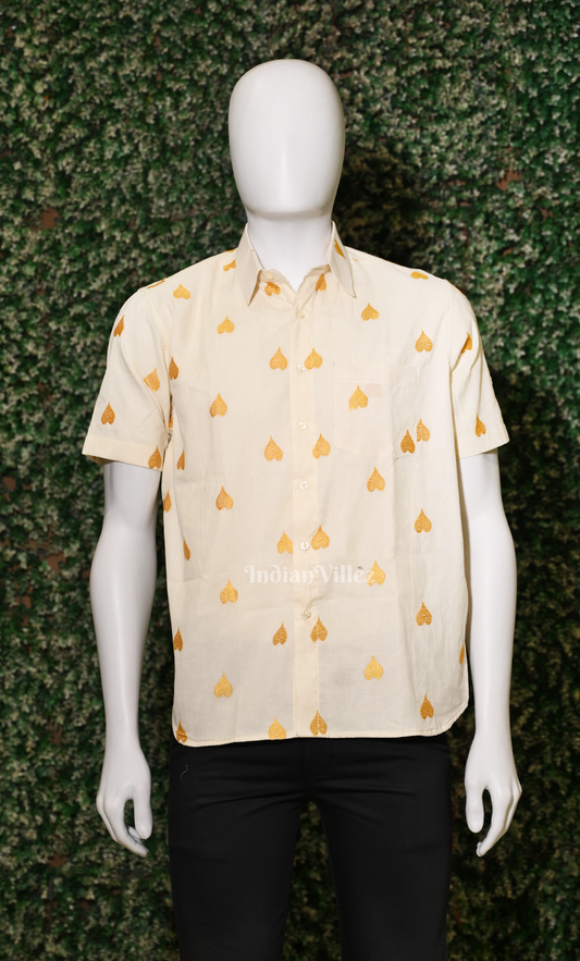 White Mustard Yellow Thread work leaf shaped motif Odisha Ikat Cotton Half Sleeve Shirt