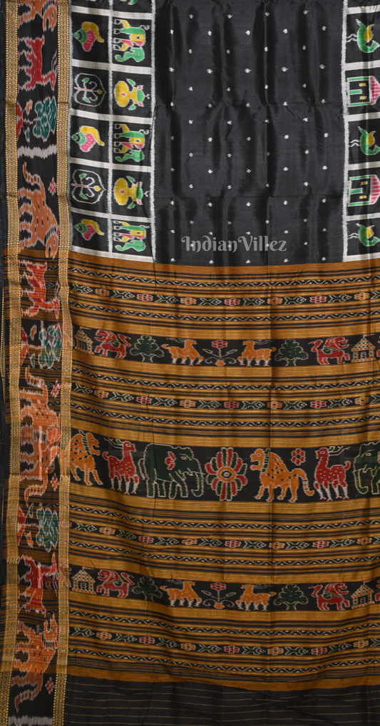 Black Dot Half Nabakothi Odisha Ikat Khandua Silk Saree 