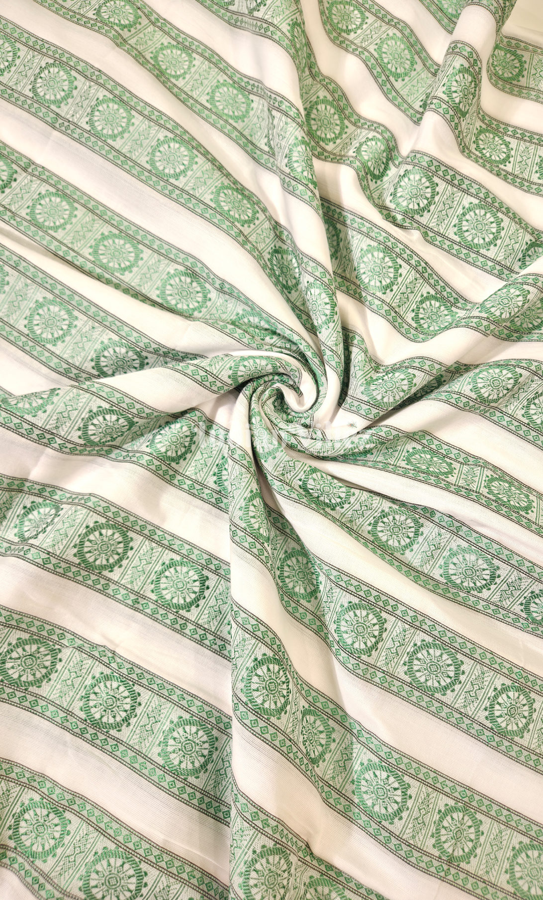 White Sea Green Konark Chakra Theme Odisha Ikat Cotton Fabric
