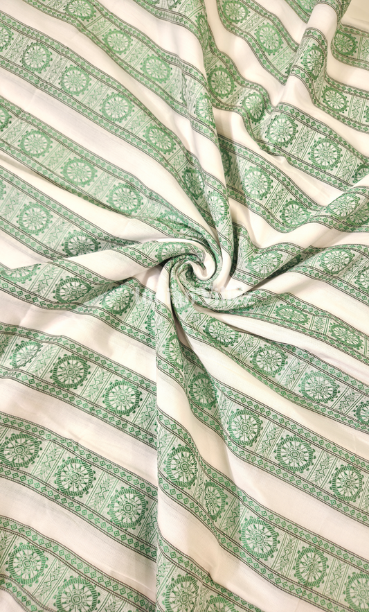 White Sea Green Konark Chakra Theme Odisha Ikat Cotton Fabric