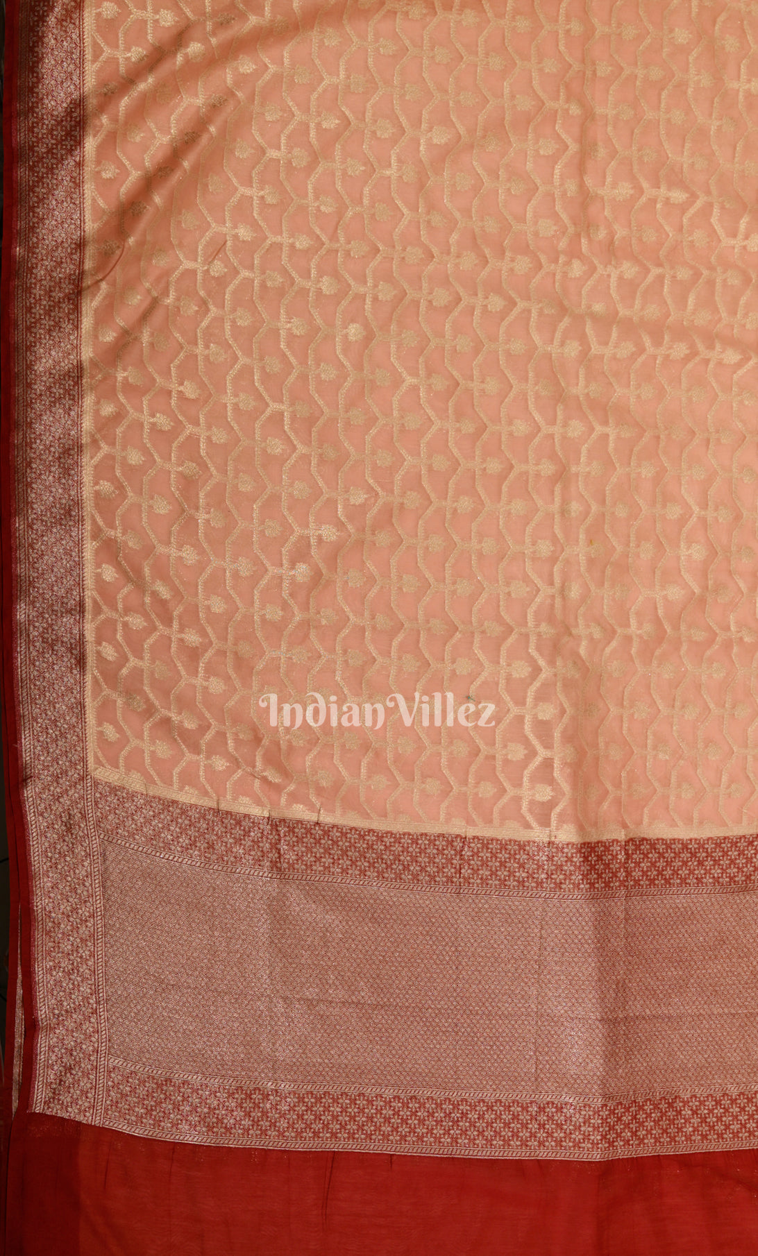 Peach Red Pure Monga Muslin Banarasi Silk Saree