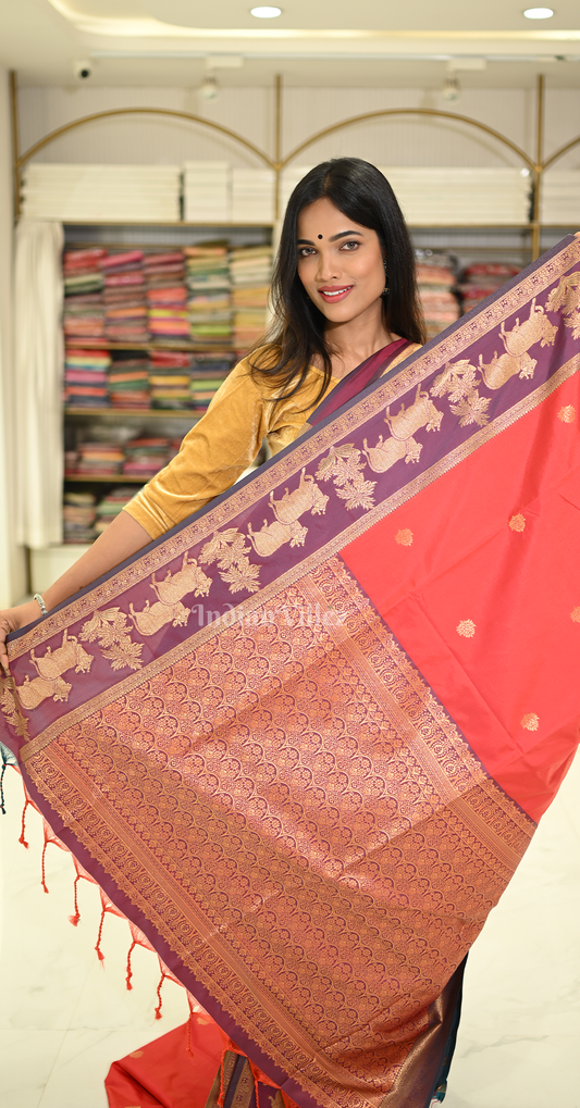 Red Purple Pichwai Satin Silk Banarasi Saree 