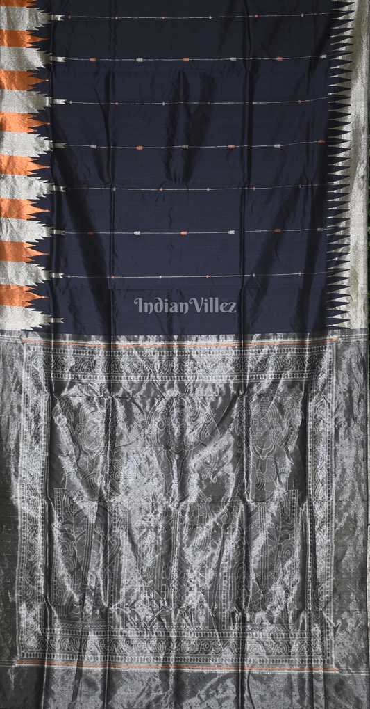 Navy Blue Silver Half Tissue Sambalpuri Silk Saree with Nartaki Anchal