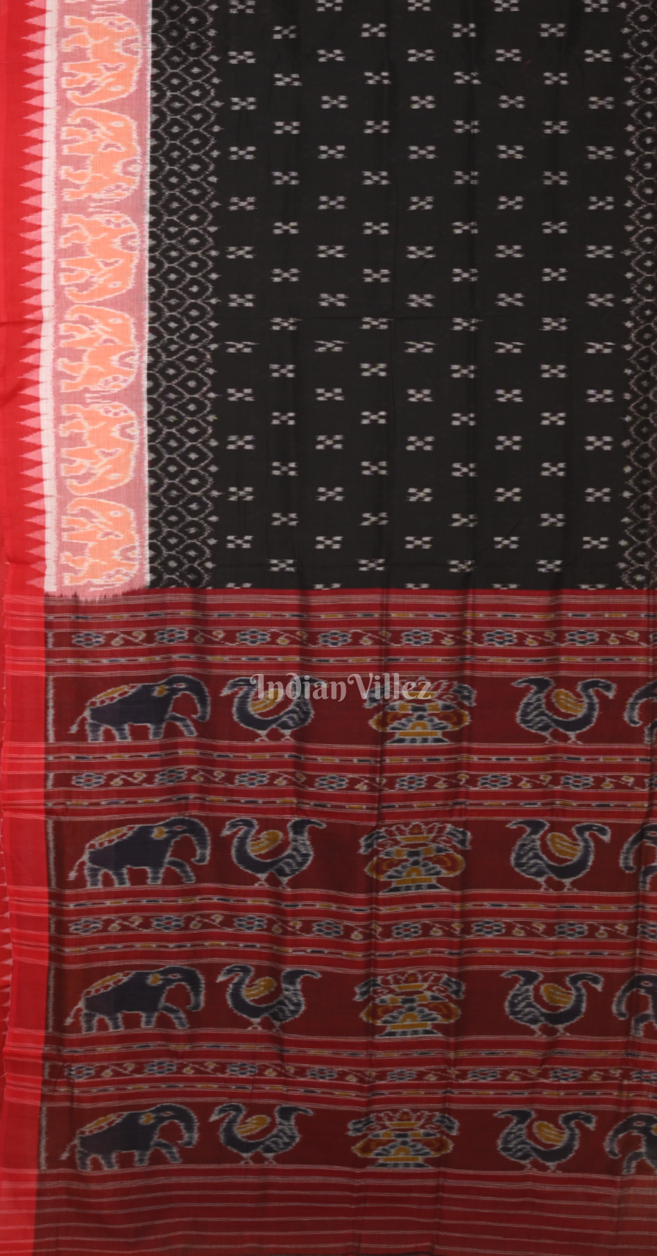 Black Maroon Elephant Scot Odisha Ikat Sambalpuri Cotton Saree 