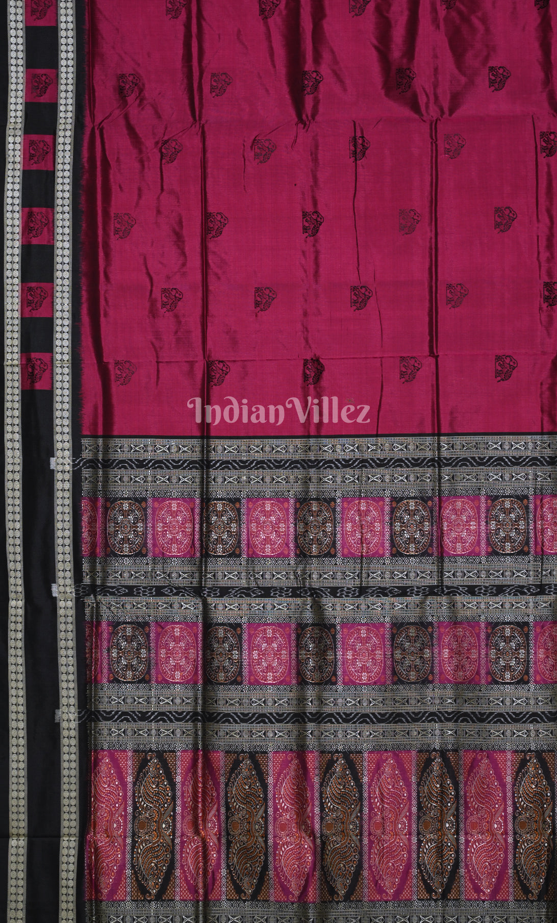 Magenta Pink Black Elephant Motif Odisha Ikat Sambalpuri Silk Saree
