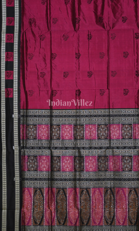 Magenta Pink Black Elephant Motif Odisha Ikat Sambalpuri Silk Saree