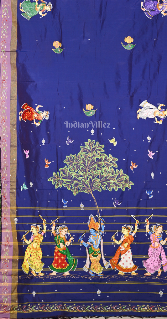 Blue Krishna Raas Leela Hand-Painted Pattachitra Saree 