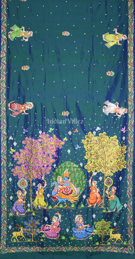 Teal Blue (Mayur) & Nartaki Theme Dual Tone Hand-Painted Pattachitra Saree
