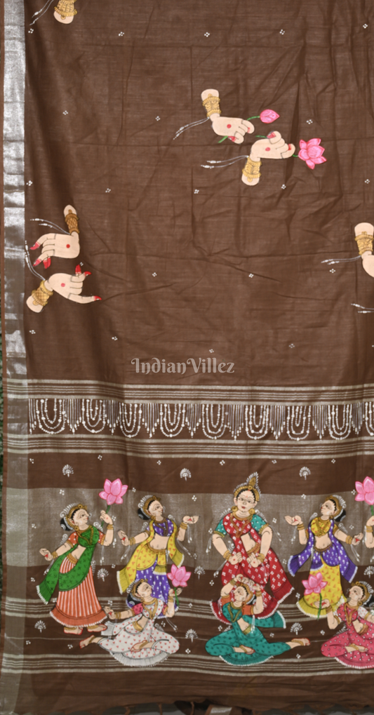 Brown Nartaki Theme Hand-Painted Pattachitra Saree (Linen)