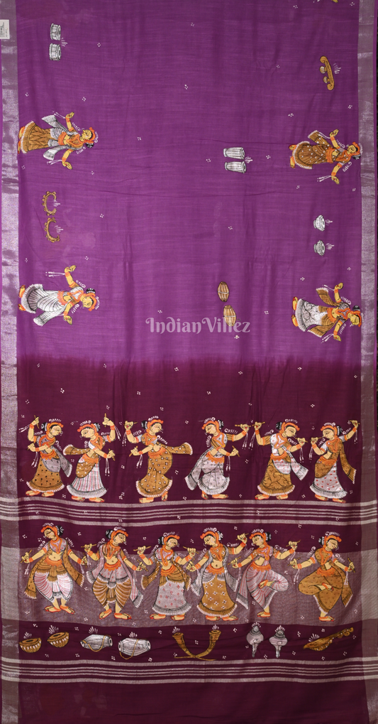 Purple Maroon Nartaki Theme Hand-Painted Pattachitra Saree