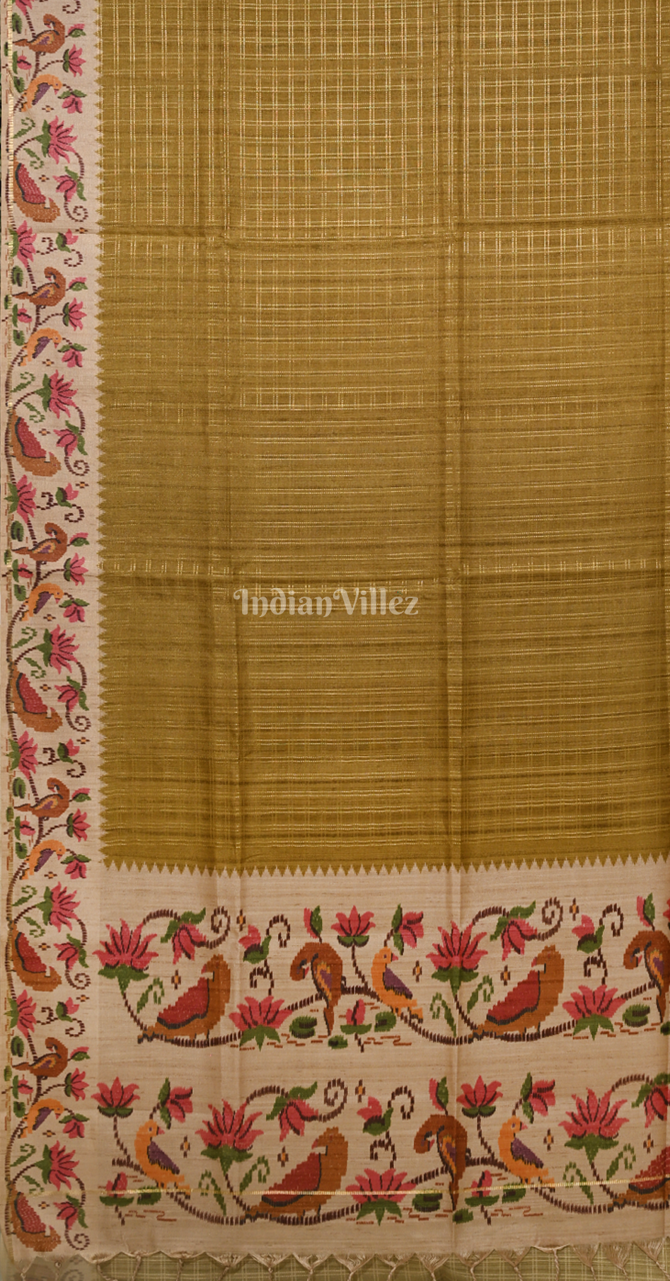Mehendi Green Beige Check Pattern Tussar Silk Saree