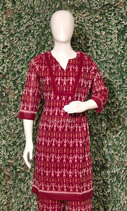 Maroon Tribal Motif Cotton Kurti Set with Pallazo (Co-Ords Set)