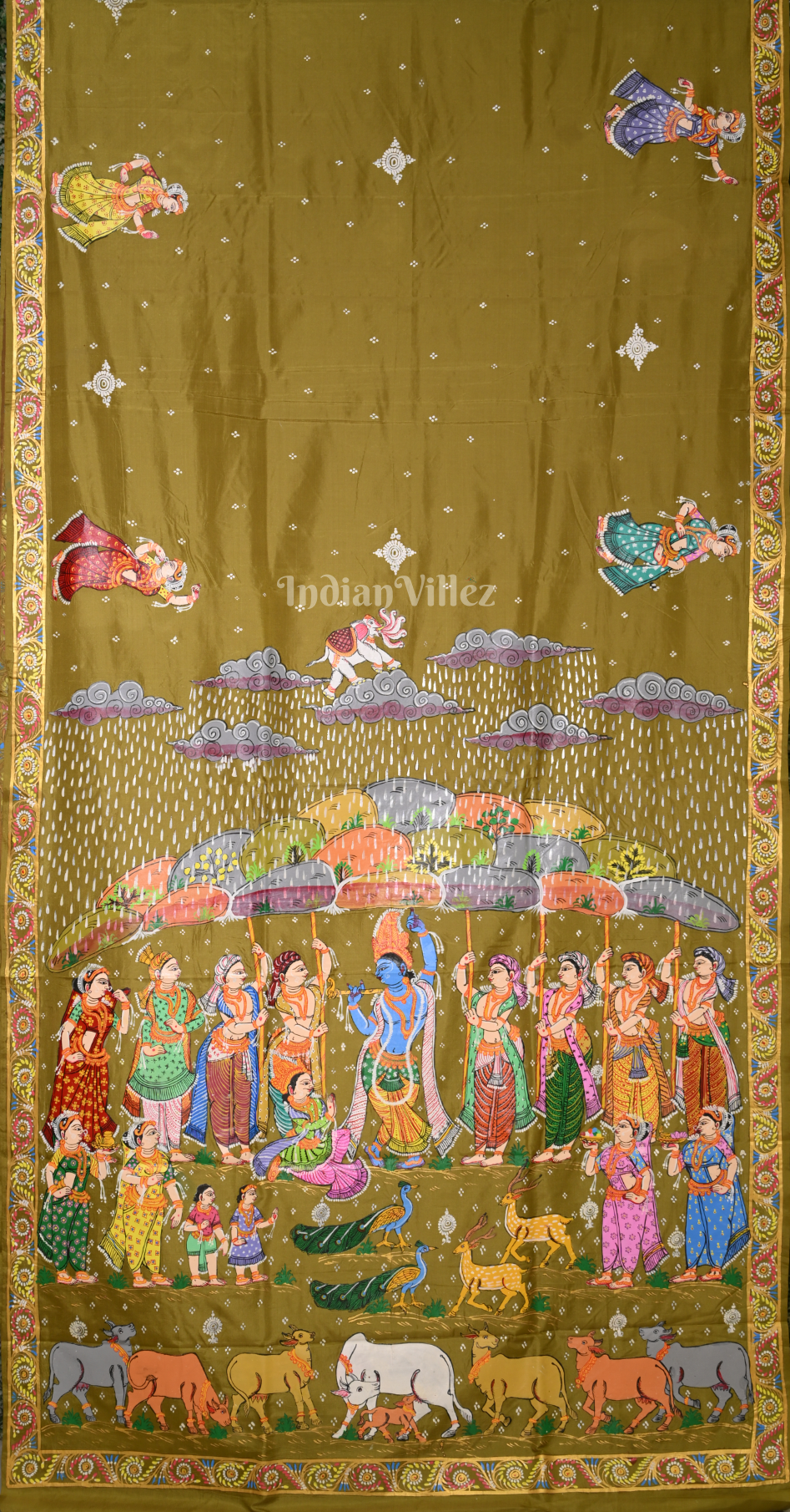 Mehendi Green Dual Tone Giri Govardhan Hand-Painted Pattachitra Saree