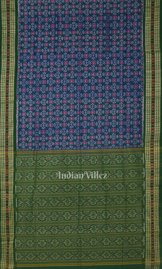 Blue Green Flower Motif Odisha Ikat Sambalpuri Cotton Saree