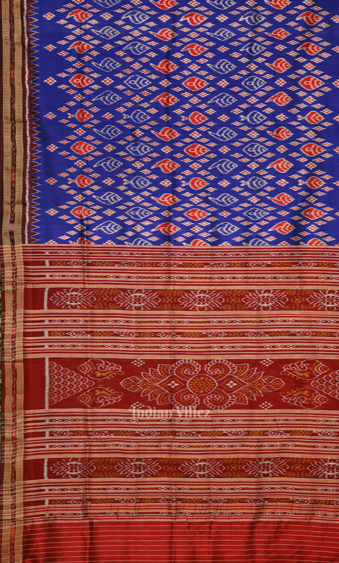 Blue Red Sankha Motif Odisha Ikat Khandua Silk Saree 