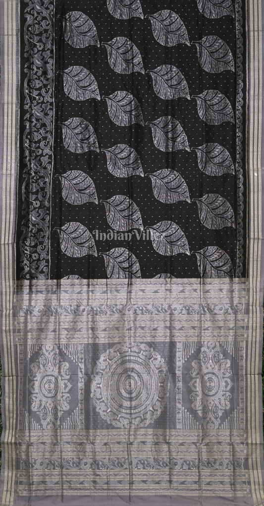 Black Grey Peepal leaves Motif Odisha Ikat Sambalpuri Silk Saree 