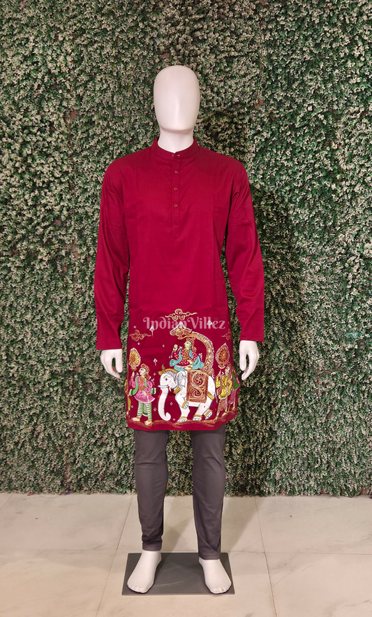 Maroon Kandarpa Hati (Elephant) Hand-Painted Pattachitra Kurta (Mulberry Silk) 
