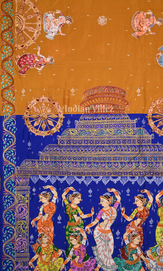 Rust Orange Blue Nartaki Konark Temple Hand-Painted Pattachitra Saree 